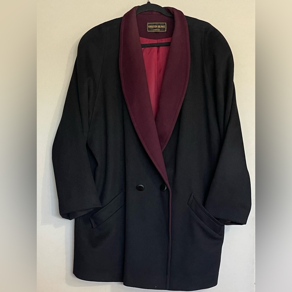 Vintage Kristen Blake Elegant Black Bordeaux Double Breasted Wool Jacket Coat